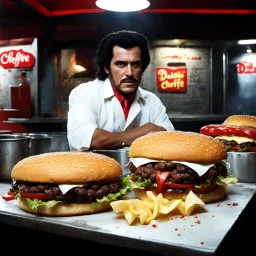 [photo from from Evil dead] In the eerie fast-food joint, dimly lit and smelling of decay, Pablo Simon Bolivar, also known as El Cheffe, served up his infamous hamburgers. But these weren't just any burgers. These were made of Deadite pieces, remnants of the demonic entities that once plagued the world.
