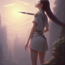 a girl looking to the sky, cinematic lighting, dramatic atmosphere, studio lighting delicate features finely detailed perfect art, at an ancient city, gapmoe yandere grimdark, trending on pixiv fanbox, painted by greg rutkowski makoto shinkai takashi takeuchi studio ghibli