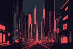 A minimalist painting of a cityscape at night, with neon lights casting an eerie glow on the buildings