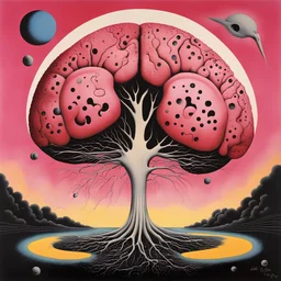 Learning to damage brains, Braille art texture, abstract surrealism, by Helen Cottle and Gerald Scarfe and Alan Kenny, silkscreened mind-bending illustration; warm colors, Pink_Floyd album cover art, asymmetric, Braille language glyphs spelling crazy