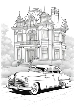 outline art for an adults coloring page, Packard Clipper Outside a Victorian Mansion, white background, sketch style,no color , only use outline, clean art , white background, no shadows , no shades , clear well outlined, easy to color