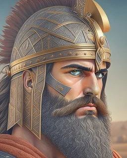Mesopotamian warrior, expression serious, aura, portrait, background Mesopotamian city, comic style, long beard, helmet,
