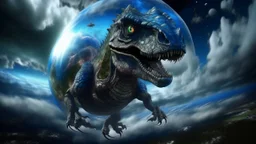 photorealistic flying monstruous deformed nightmarish saurus, galactic multiverse, infinity vanishing point, gigantic glass exoplanet Titan, hyperboloid Trompe-l'œil, quasar thunderstorm,