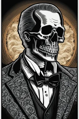 LINE TONE, WSJ STYLE, HEDCUT, ultra high image quality, HEAD AND SHOULDERS SHOT, SKELETON, WEARING A 3 PIECE SUIT, POSED FOR DOLLAR BILL PORTRAIT, , Close-up of an set against AMOLED-worthy pure black backdrop, fantasy art style infused with filter, tailored for vertical wallpaper, exclusive design with no duplicates, radiating beauty suitable for a PC screen image, vivid colors, ultra fine, digital painting, BASED ON THE UNITED STATES TREASURY NOTE ONE DOLLAR BILL