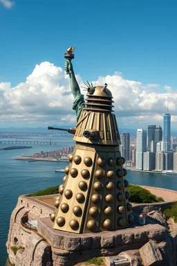 an old Dalek dressed as the statue of liberty on Satin Island