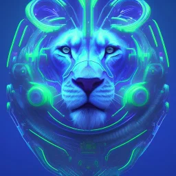 A beautiful portrait of a cyborg lion blue neon color scheme, high key lighting, volumetric light high details psychedelic background