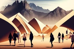 Modern city, people, mountains, sand