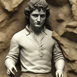 White Sculpture frodo, Rome style sculpture, full body, fresco background, hyper realistic, 8k,