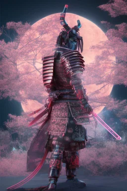 Mystical samurai emitting an aura with a long, neon sword emitting an aura