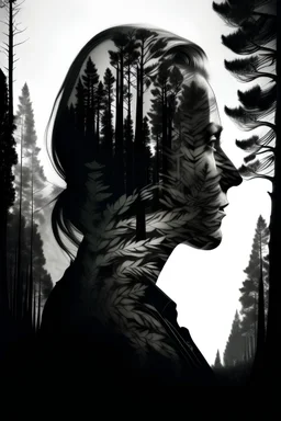 Silhouette of a Nordic queen filled with a forest , double exposure, crisp lines, monochrome background