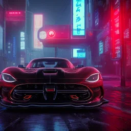 realistic black dodge viper; in an alternate universe in tokyo; cyberpunk; rain; neon signs