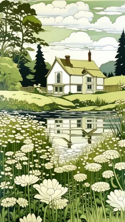 A house made out of white fathers designed in a field of white wild flowers paintings painted by Paul Ranson , Busch painting style, all white, by the lake, fine line draw style