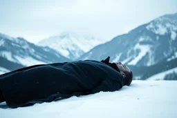 in distance side a wiev a figure in dark clothes and long black leather coat lies on his back in the snow and looks the sky in a winter landscape, alone, white snow, high contrast, cold, winter, mountains, white, blue, gray and black colors, cinematic, atmospheric, dark, gloomy, thriller vibe, crepy stunning