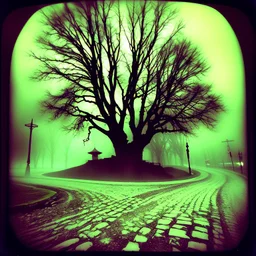 Dark street creepy fog colours strong texture artistic Hieronymus Bosch polaroid volumetric light tree nightmare