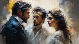 Portrait of a man and a stunningly beautiful woman together with a man, made of tulle, detailed fabric painting, Candlelight Insanely detailed painting by Pino Daeni, Jeremy Mann, Carne_Griffiths, Vadim Kashin, James Gurney, texture, 16k resolution, fine art, natural light, beautiful