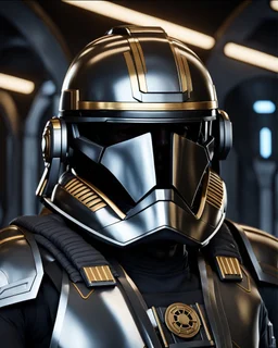 star wars bald male corellian pilot wearing pearlescent black and gunmetal grey First Order special forces armor and helmet with gold trim inside the jedi temple, centered head and shoulders portrait, hyperdetailed, dynamic lighting, hyperdetailed background, 8k resolution, volumetric lighting, light skin, fully symmetric details