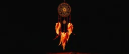 a dreamcatcher made of light, natural red tones, brown dirt ground long bottom, dark background