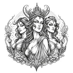 The Fates (Clotho, Lachesis, and Atropos).. realistis tatto sketch style, white background, profesional tatto sketch