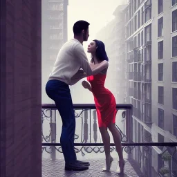 a man pushing a woman over a balcony, downtown new york, dramatic, dramatic lighting, volumetric lighting, hyperrealism, 8k, high quality, photorealistic, lot of details