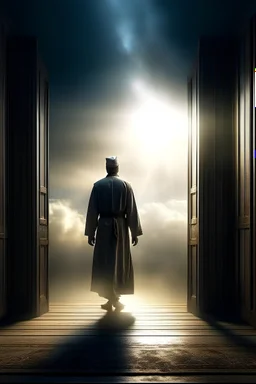 The Imam of people walks as as shadow of light , and his clothes are like the Prophet Muhammad, With a scarf , He walks backwards and looks to the sky with cloud and star , and he walk on sky and cloud, then walk to big wood door , and open it, the flooring is sky and cloud only , with effect of oil painting and Cinematic lighting