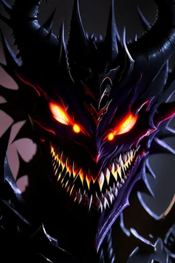 a close up of a demonic creature with glowing eyes, face of an armored villian, discord pfp, venomfang, discord profile picture, evil smile, detailed smiled face, large black smile, smooth anime cg art, wide evil grin, evil smile and glowing eyes, dark phantasy, evil knight, overlord season 4, sharp black armor, carnage fangs