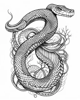 realistic snake tattoo idea, line art, background, vector, svg, black outline on white background, leave plenty of white space beetween lines for coloring, tattoo style, tattoo idea,full body