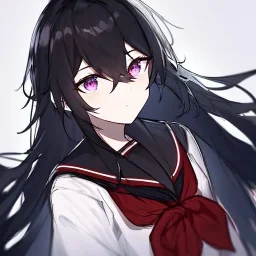 Clear focus, High resolution, rough line sketch art, long black hair, hair between eyes, fluffy hair, purple eyes, wearing a black and red sailor uniform, dark aura, 1girl