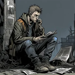 man, ethan hawk, sitting, comic book, post-apocalypse, grey background, illustration,