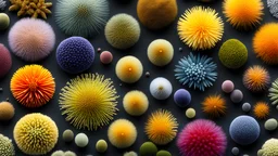 A high-resolution image of various pollen grains from different plant species. The photomicrograph shows the diverse shapes, sizes, colours and surface textures of the pollen, each grain appearing like a tiny, alien artifact. Beautiful award-winning photograph, inspiring, rule of thirds, balanced delightful composition, perfect lighting, superb detail, 16k render