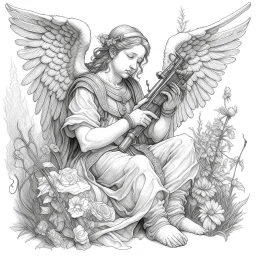 renaissance style angel, sitting in a garden, inspecting an ak 47 gun, pencil sketch, beautiful