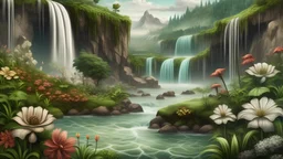 fotorealistic landscape of an exotic place with waterfalls and flowers