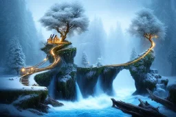 island waterfall old tree twigs rope bridge birds winter