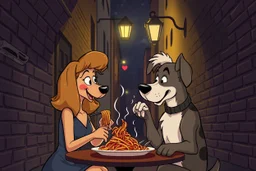 iconic lady and the tramp, lady dog and male dog eating spaghetti in an alleyway under a streetlight, cartoon, romantic