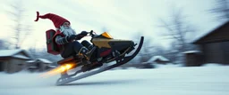 close up on gnome hit man with rocket boots in suit on a mech sled doing jumping stunt in winter wasteland, style of fallout 4, high speed with motion blur, on elevated road