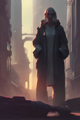cyberpunk saggy granny woman, abandoned sci-fi town, future, sci-fi
