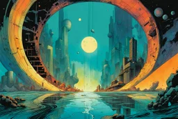 create a wildly abstract and chaotic illustration of an inter-dimensional portal to the highly detailed lost civilization of Atlantis, utilizing fluid organic shapes, in the comic book art style of Bill Sienkiewicz, Mike Mignola, and Jean Giraud Moebius, finely textured, drawn, colored, and inked