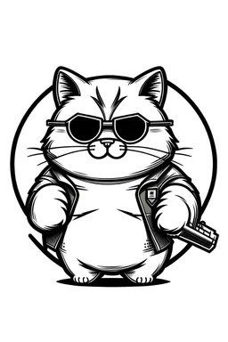 create a logo of cute fat tomcat with round sun glasses carrying two pistols in its hands. logo must be transparent with no colors