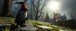 style John Atkinson Grimshaw,3d airbrush render, cut out darkling slender gnome with bright aura , pinhole cam, airbrush 3d rendering, torn edges on border