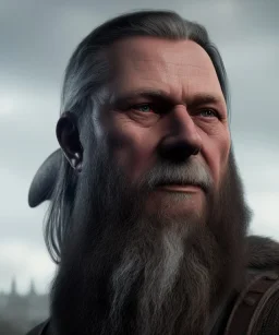 portrait, Viking style, Realistic, 8K, a Highly detailed face of a man, black color beard, Odin, Raven over shoulder