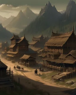 A dark brown old Western town near the mountains painted by Zhang Lu