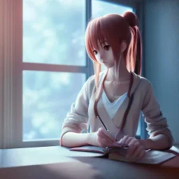 Anime girl studying in room, window, nature, anime style, unreal engine 5, studio lighting