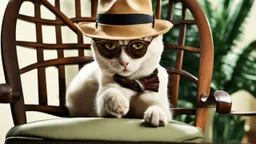 very clever cat with glasses and panama hat and gun in chair.