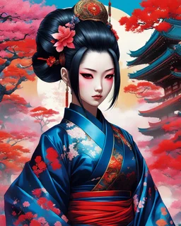 comic anime Japanese art featuring a geiko Yakuza Girl in traditional japanese attire with modern or futuristic elements, set against a vibrant colors and detailed background that blends cultural motifs with imaginative design Japanese comic anime art style