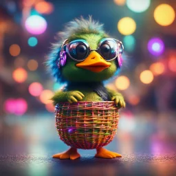 hairy groove funk ninja duck gremlin hippie with long eyebrowsholding disco ball like a basket ball,bokeh like f/0.8, tilt-shift lens 8k, high detail, smooth render, down-light, unreal engine