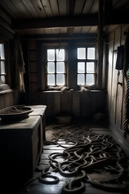inside a old norse house full of worms and water leaking from windows