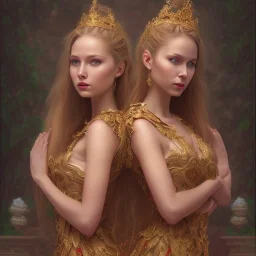 extremely detailed 8k wallpaper,complete and photo realistic detailed full body stunning photo realistic portrait of beautiful female twins 25 years old in dresses performing on stage with red curtain in backwith photo realistic fine and simple hairstyle, brown eyes, professional majestic photo realistic painting by Ed Blinkey, Greg Manchess, Antonio Moro, trending on ArtStation, Intricate, High Detail, Sharp focus, dramatic, by greg rutkowski, realism, beautiful and detailed lighting