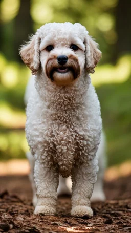 extreme close up photography of two cute puppy lagotto romagnolo happy dogs in a wood , running looking for truffles , in Tuscany Italy , photorealistic, backlight, 35mm lens