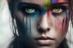 Photoreal gorgeous shot of beautiful young girl with one gold and one green eye, warrior, strong, sad, resilient, vivid vertical rainbow on left side forehead, long black tears below both eyes, forgotten realms fantasy style by lee jeffries, otherworldly creature, in the style of fantasy movies, shot on Hasselblad h6d-400c, zeiss prime lens, bokeh like f/0.8, tilt-shift lens, 8k, high detail, smooth render, unreal engine 5, cinema 4d, HDR, dust effect, vivid color