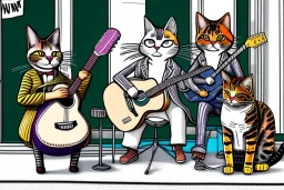 Group of three mature cats musicians, one cat playing guitar, one cat playing drums, one cat holding microphone and singing, street, Vienna, smiling, sunny day, model style, hyper realistic, extremely accurate, delicate, extremely detailed, Graphic novel style, wide-angle, open aperture, superfine pencil