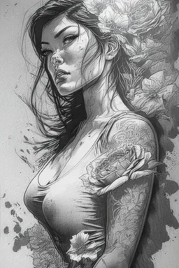 ::<BIG >, inking COMIX on pencils by Richard Luong :: ,((priscila huggins beautiful woman )), (t-shirt or dress:1.3), (beautiful and clear background:1.2), (extremely detailed, ultra-detailed, best shadow:1.1), bare shoulders, flowers and petals, , (white background:0.5), (illustration :1.1), (extremely fine and beautiful GIRL:1.1), (perfect details:1.1) :: , ( detailed eyes and detailed face:1.3),